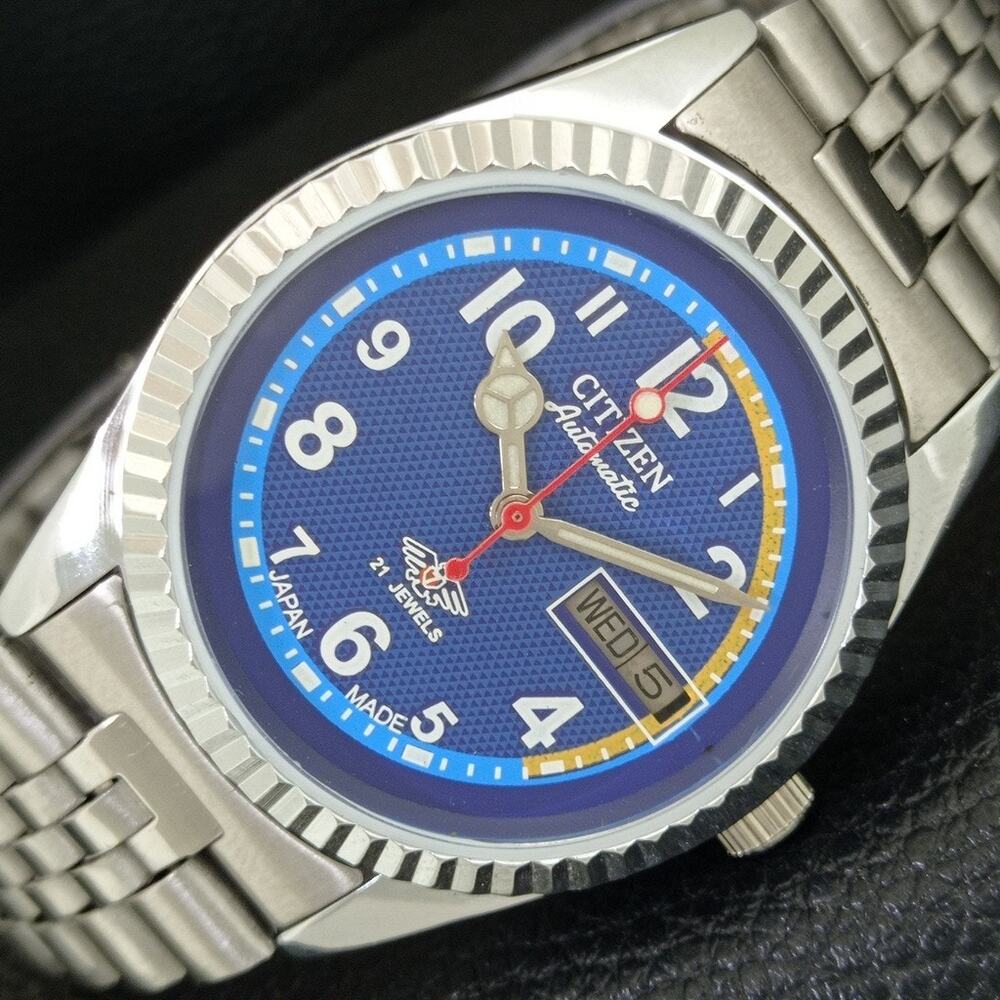 Vintage 1970 Citizen Automatic Mens Silver Watch W/daydate & Blue accents